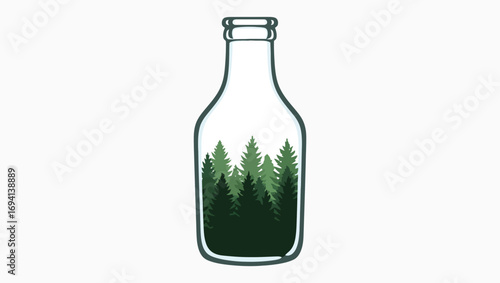Minimalist illustration of a green pine forest ecosystem preserved inside a clear glass bottle, representing nature conservation and environmental care