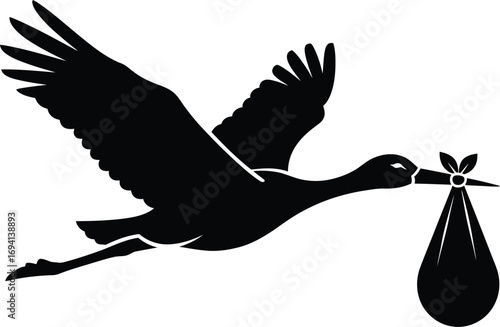 Silhouette of a stork carrying a baby in a bundle, symbolizes birth, new beginnings, and arrival of a child