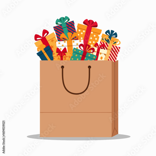 A Full Shopping Bag Overflowing with Many Colorful Wrapped Gifts and Presents