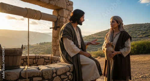 Conversation between Jesus Christ and the Samaritan woman at the well. Photo of the gospel event, biblical times. For Christian publications