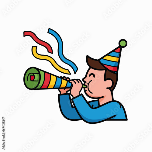 Happy Child Wearing Party Hat Blowing Colorful Party Horns with Streamers