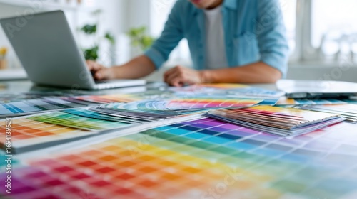 Professional graphic designer working on laptop surrounded by colorful pantone swatches and design materials in bright creative workspace studio environment