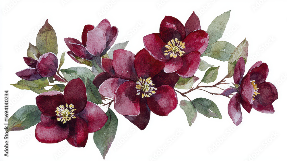 Naklejka premium Beautiful watercolor illustration of red flowers with green leaves, showcasing delicate details and vibrant colors