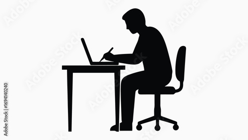Silhouette icon of a person working or studying on a laptop at a desk, representing freelance work, online education, or a focused office employee