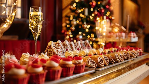 Festive holiday dessert buffet featuring gingerbread houses cupcakes and champagne with a sparkling christmas tree in the background creating a celebratory atmosphere
