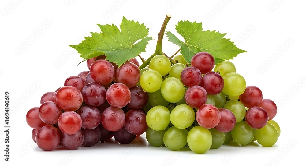Obraz premium Vibrant bunches of ripe red and green grapes with fresh leaves, glistening with water droplets, perfect for healthy eating and culinary inspiration.