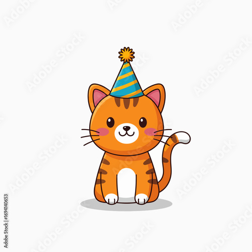 Cute Orange Tabby Cat Wearing Party Hat Celebrating Birthday Fun