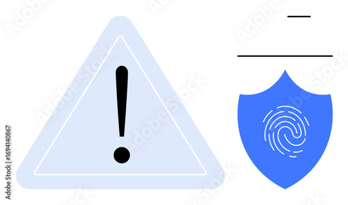 Warning triangle with exclamation mark beside blue shield with fingerprint suggests caution, data security, and protection. Ideal for cybersecurity, alerts, privacy, risk, authentication, compliance