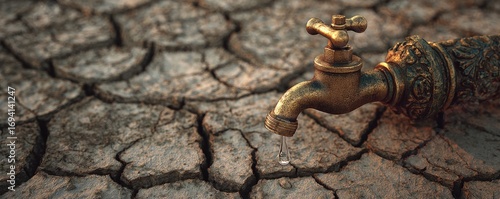 A vintage-style faucet drips water onto cracked earth