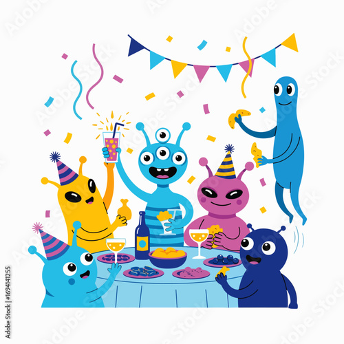 Adventures of extraterrestrial beings celebrating a joyous party with colorful decorations and festive food