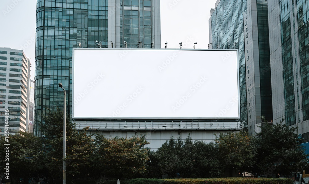 Fototapeta premium Blank Billboard on Urban Building， It shows a blank billboard on a city building. Ideal for advertising mockups, marketing campaigns, and urban branding projects.