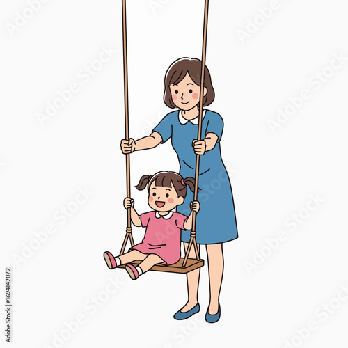 A Mother Pushes Her Happy Daughter on a Swing Set in the Park Enjoying Family Time