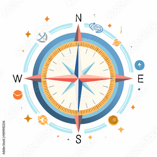 Flat Compass With Planets In Space