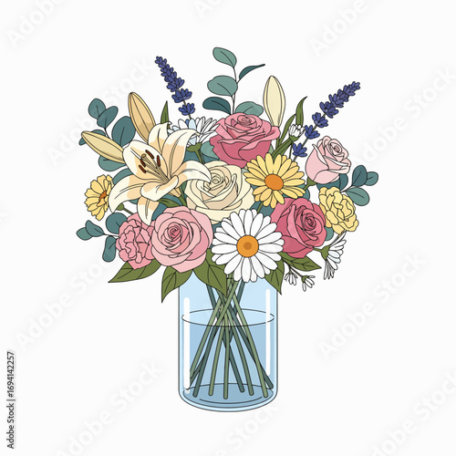 A Beautiful Assortment of Fresh Flowers in a Clear Vase