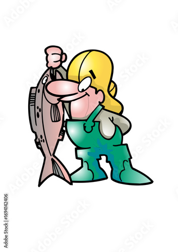Proud fisherman wearing waders has caught a very big fish