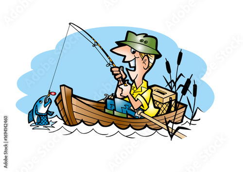 Happy angler in rowboat with blue sky as background has caught a fish