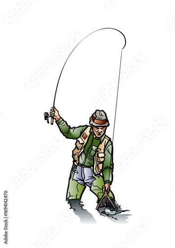 Angler lands a fish in his fishing net