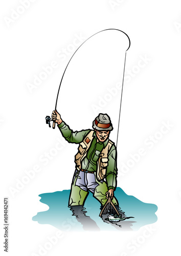 Angler lands a fish in his fishing net