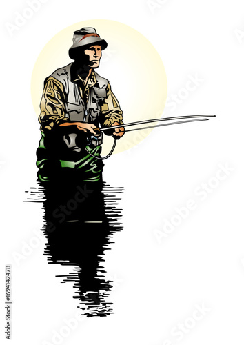 Angler fishing with a fly and standing in water up to his thighs