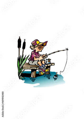 Boy sits on a jetty by the lake and fishes with a float and bait
