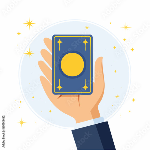 Hand Holding Tarot Card With Golden Symbol