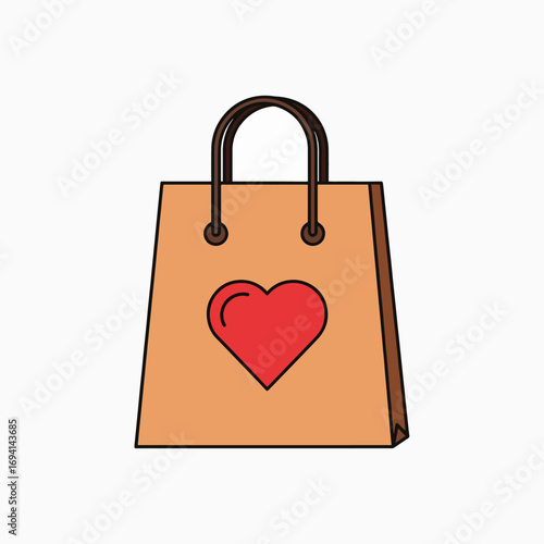 Brown shopping bag with red heart graphic and dark brown handles illustration