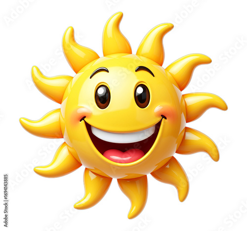 Yellow Smiling Sun with Ray Details, Glossy 3D Realism on Transparent Background, Graphic Asset