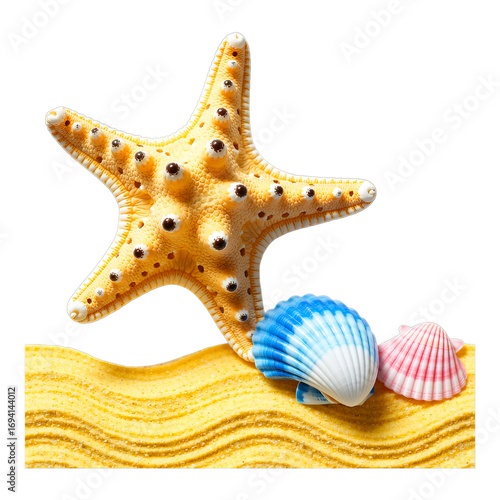 Yellow Starfish on Sand Texture with Blue and Pink Shells, 3D Realism Cutout for Web Design