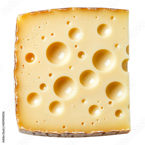 Yellow Swiss Cheese Slice with Holes, Glossy Texture on Transparent Background, Food Illustration for Digital Media
