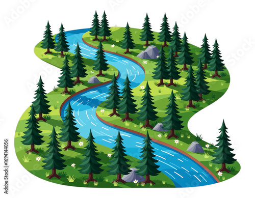 Winding Blue River through Forest, Green Landscape Illustration with Transparent Background