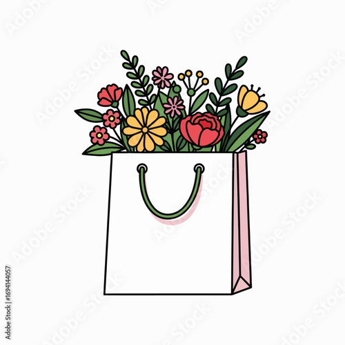 Vibrant Bouquet of Fresh Flowers Overflowing From a Shopping Bag