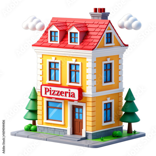 Yellow Pizzeria Building with Red Roof, 3D Realism Design Element on Transparent Background