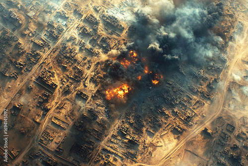Satellite view revealing military actions and destruction in conflict zone in current year