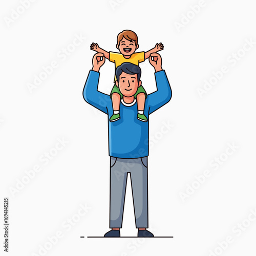 Happy Father and Son Enjoying Time Together on His Shoulders
