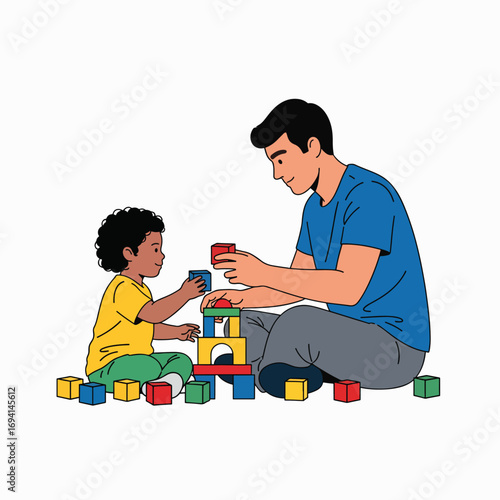 Father and son building a colorful tower with toy blocks learning and playing together