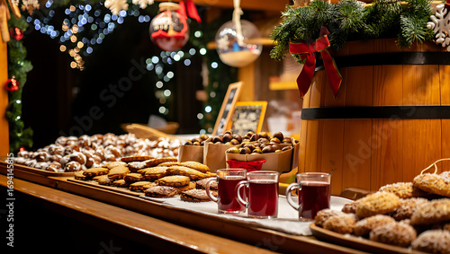 Festive christmas market stall displaying delicious baked goods warm mulled wine in small glasses and decorative ornaments creating a cozy and inviting holiday atmosphere