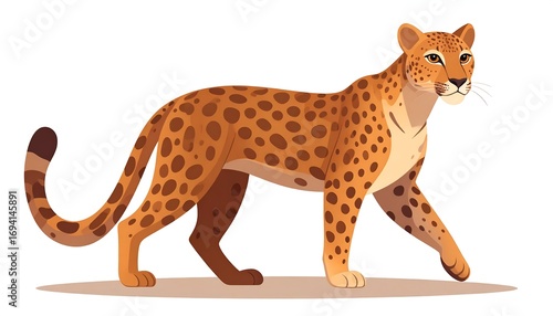 A stylized illustration of a walking cheetah, rendered in vibrant orange and brown tones.