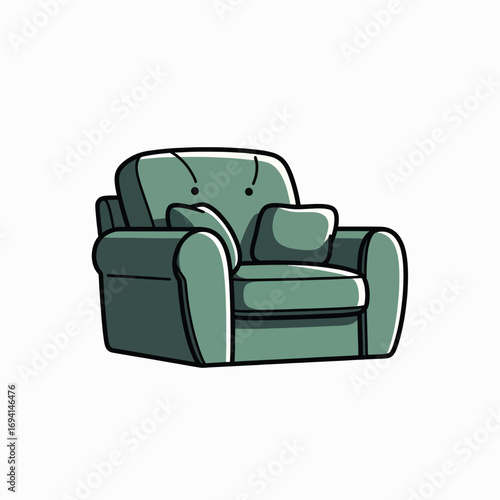 A Cozy Green Armchair With Two Cushions Sitting On A White Background