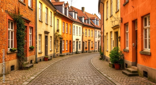 Cobblestone street with colorful historic buildings architecture old town city houses europe travel vintage retro orange yellow brick