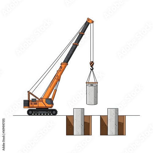Construction crane precisely installing heavy concrete pillars into deep foundation pits, essential for building robust structures
