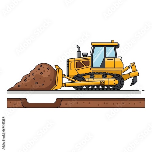 Bulldozer Excavating Ground Vector Illustration of Construction Vehicle at Work
