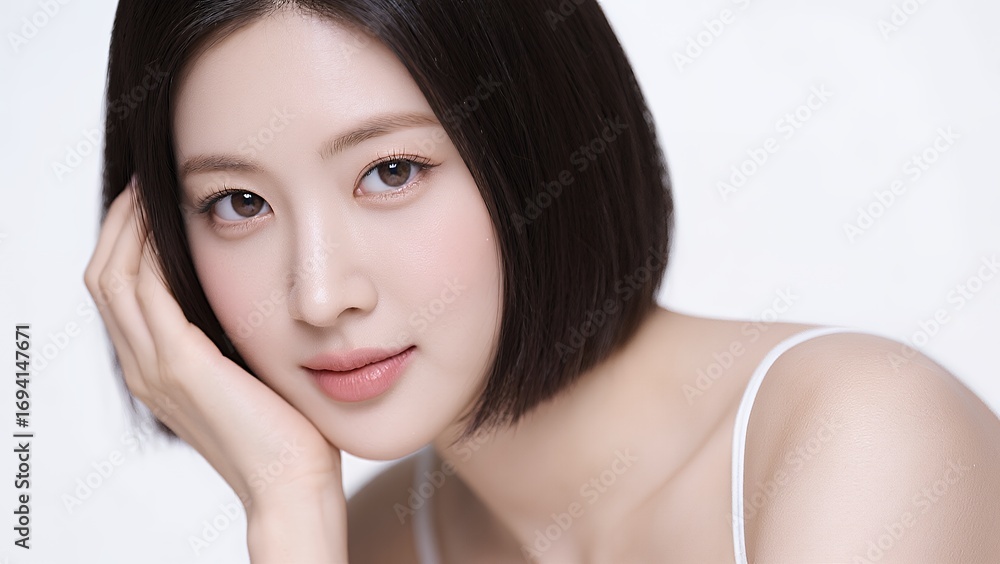 Naklejka premium 頬杖をついてカメラを見る女性のポートレート