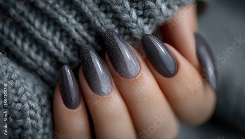 Close-up of manicured hands with stylish grey ombre nails