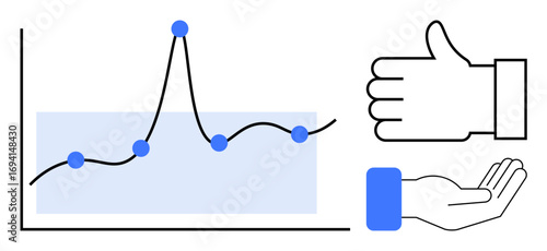 Line graph with data points and highlighted trend, thumbs-up icon, supportive open hand gesture. Ideal for analytics, teamwork, growth, business success, collaboration, feedback simple landing page