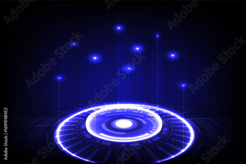 Abstract technology background featuring a glowing blue circle with digital light beams and futuristic UI elements
