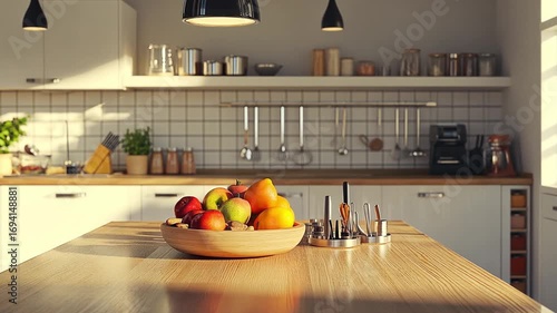 Sunlit kitchen scene showcasing fresh fruit and modern appliances
