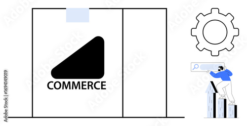 Man analyzing search query near growth bar chart. Large gear and commerce sign represent planning, strategy, and efficiency. Ideal for business, commerce, strategy, analytics, optimization