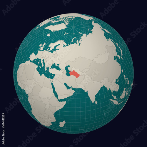 Turkmenistan on the map. Globe centered to Turkmenistan. Country location on the world map. Teal Pale Mint color palette. Globe with countries, meridians and parallels. Appealing vector illustration.