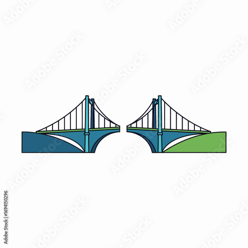 Modern Suspension Bridge Architecture Crossing Over Water and Land with Blue and Green Hues