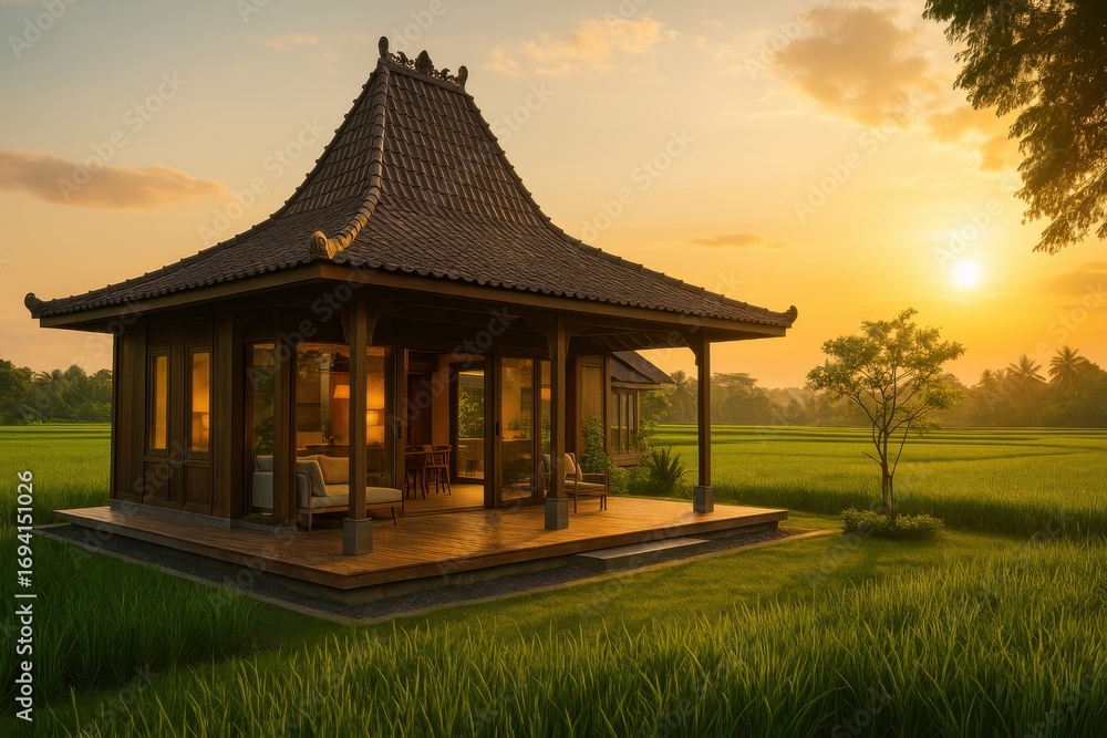 Obraz premium Serene Balinese Retreat: Traditional Architecture Amidst Lush Rice Fields at Sunset creating a